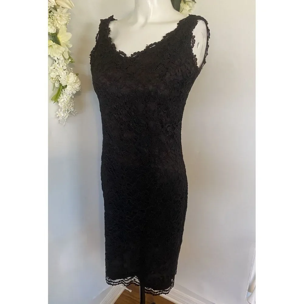 Vintage 1980's Expo Nite Black Lace Sexy Midi Sheath‎ Dress Size 12 Pin Up EUC